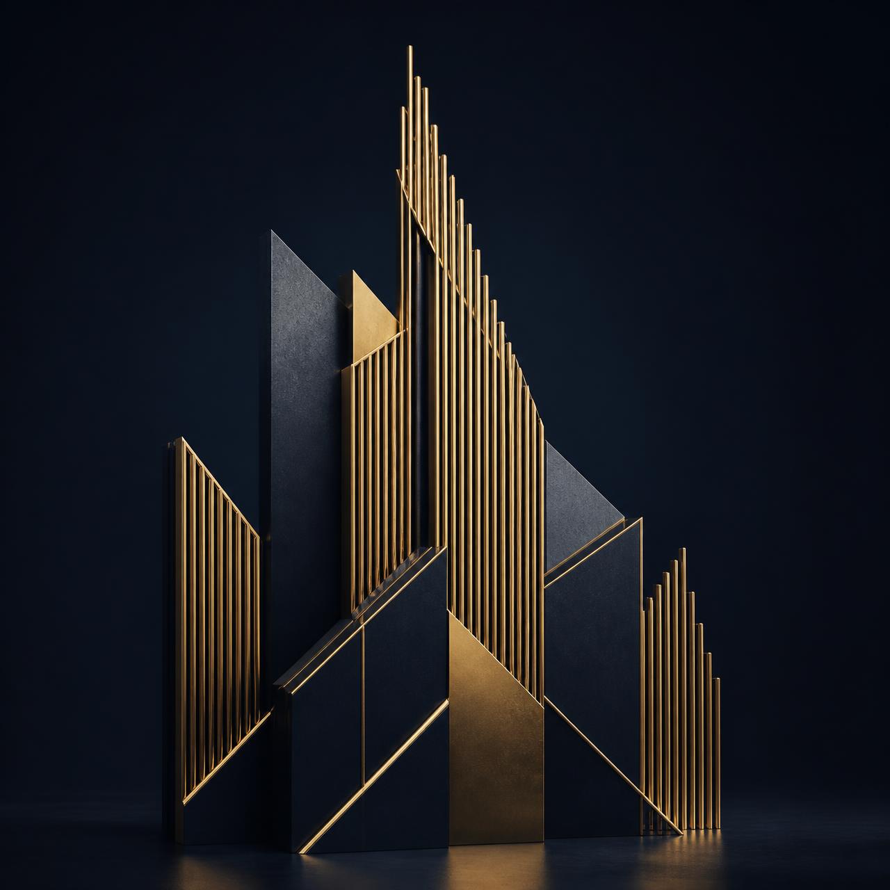 Sculptural gold and navy monument representing Fexinc Fortune Capital's disciplined architecture